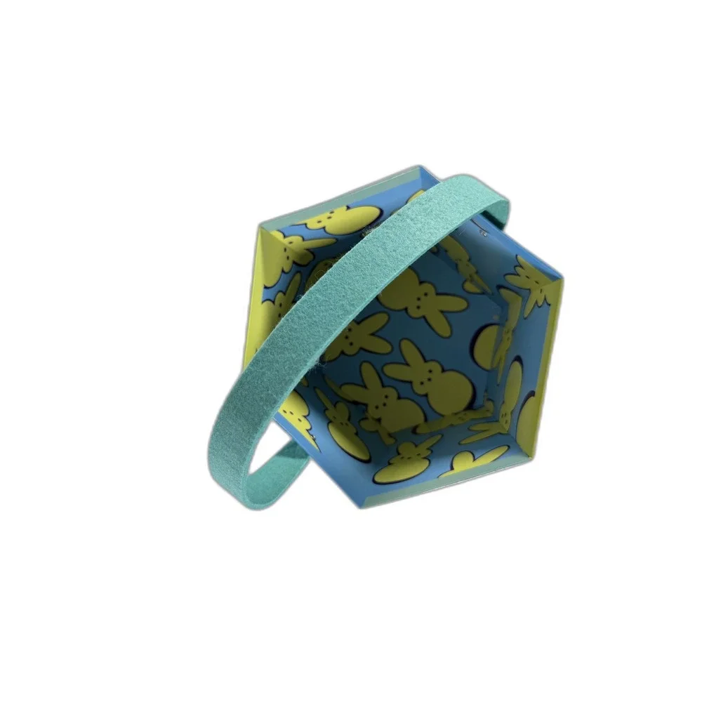Peeps Easter Basket Hexagon Cardboard Treat Pail Teal Felt Handle Bunny Chick